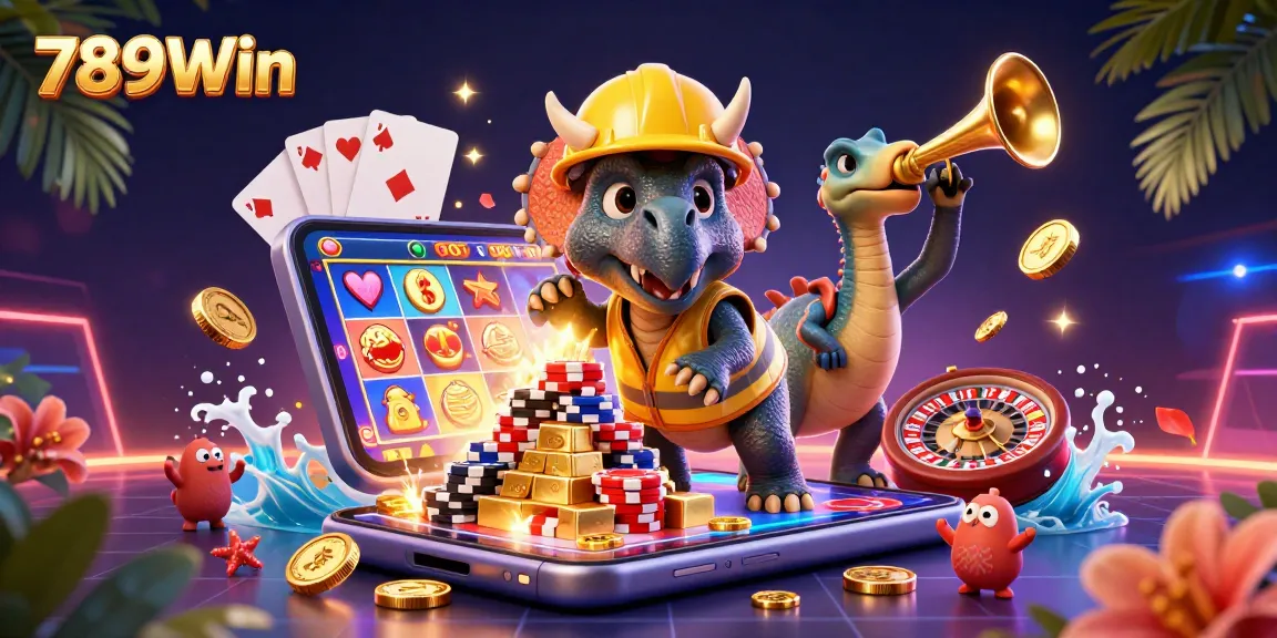 The 789Win celebration scene features a triceratops and parasaurolophus in a casino setting.