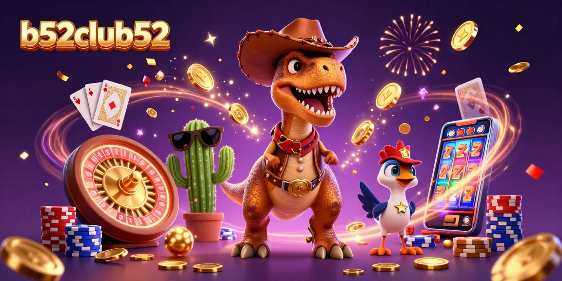 Experience thrilling gaming action with b52club52, featuring a dinosaur cowboy and casino elements.