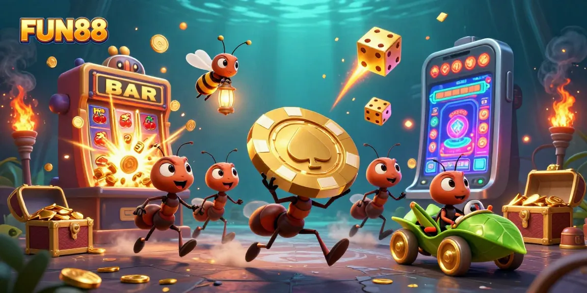 Ants heist with golden poker chip in FUN88 casino adventure, featuring dynamic gaming elements.