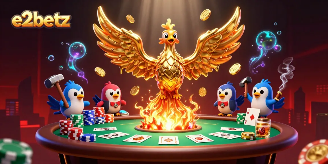 Experience e2betz with a dynamic scene featuring a phoenix and poker elements.