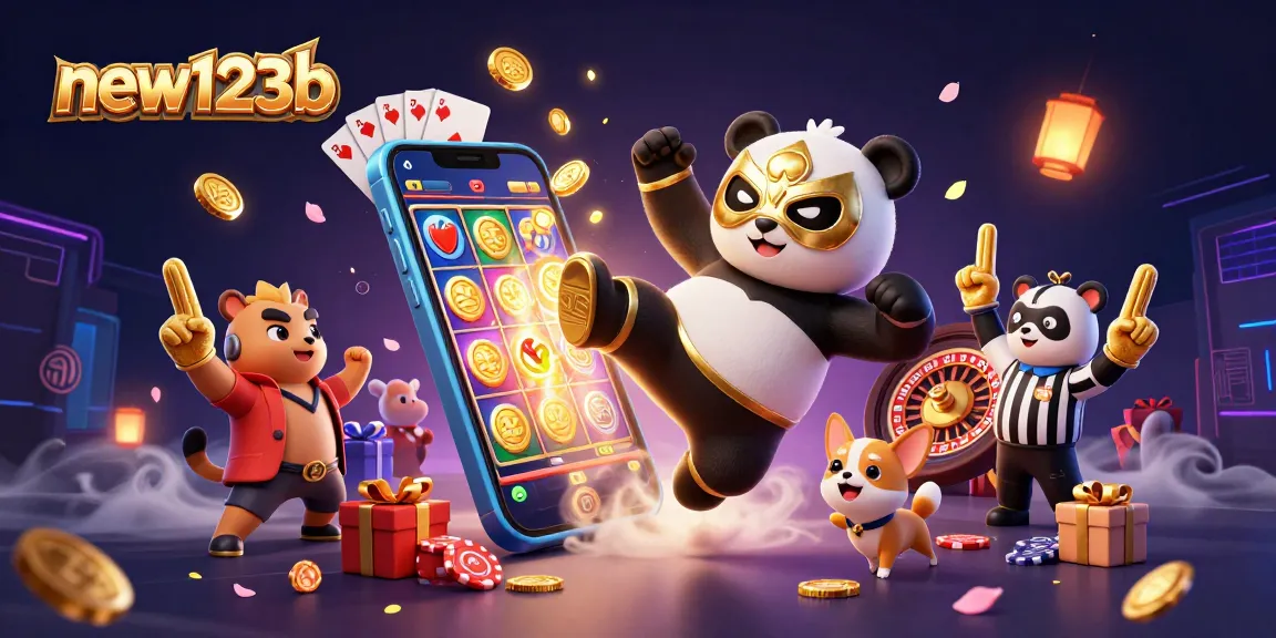 Experience thrilling casino action with new123b featuring a panda wrestler, chips, and vibrant slot games.